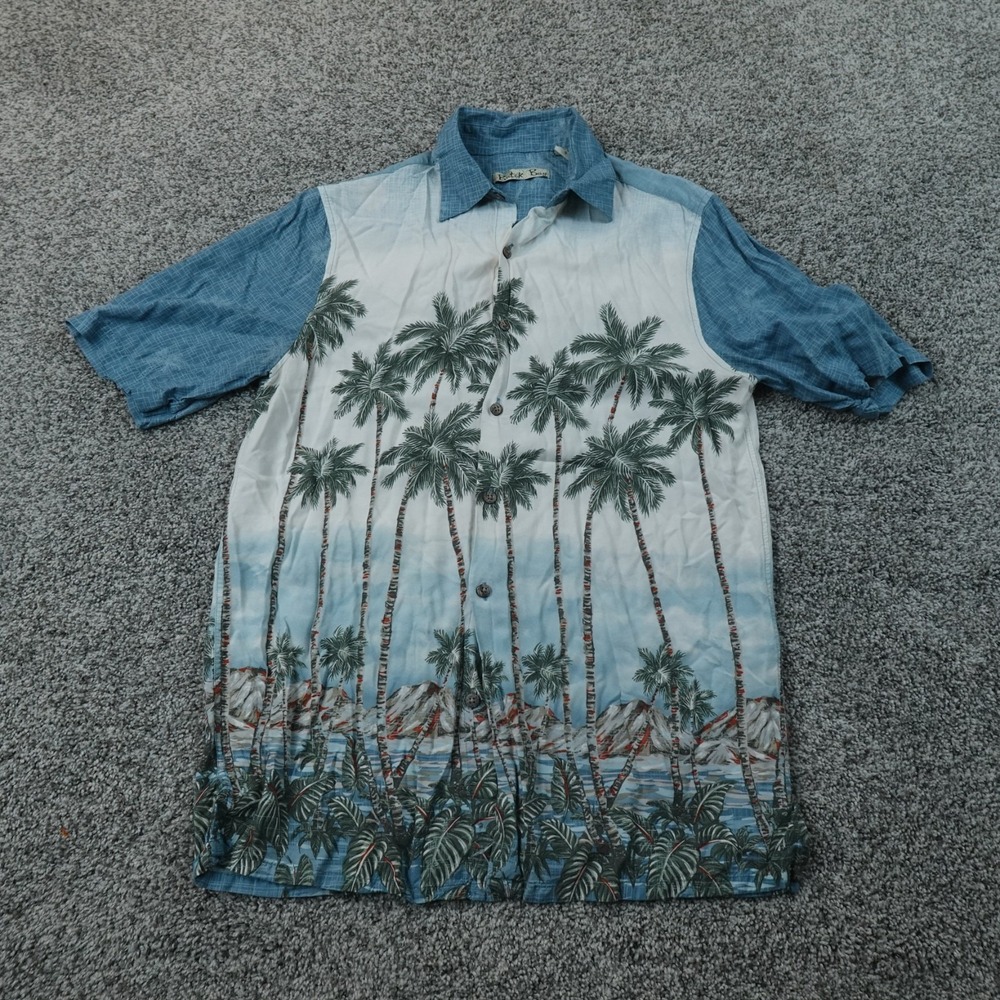 Hawaiian Shirt Mens S Blue Rayon Aloha Palm Tree Tropical Coastal Button Up Camp